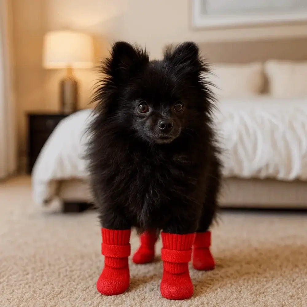 Black Pomeranian wearing waterproof dog boots indoors, red non-slip winter pet shoes for comfort and protection