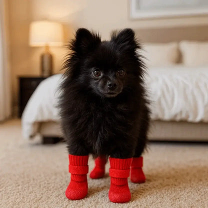 Black Pomeranian wearing waterproof dog boots indoors, red non-slip winter pet shoes for comfort and protection
