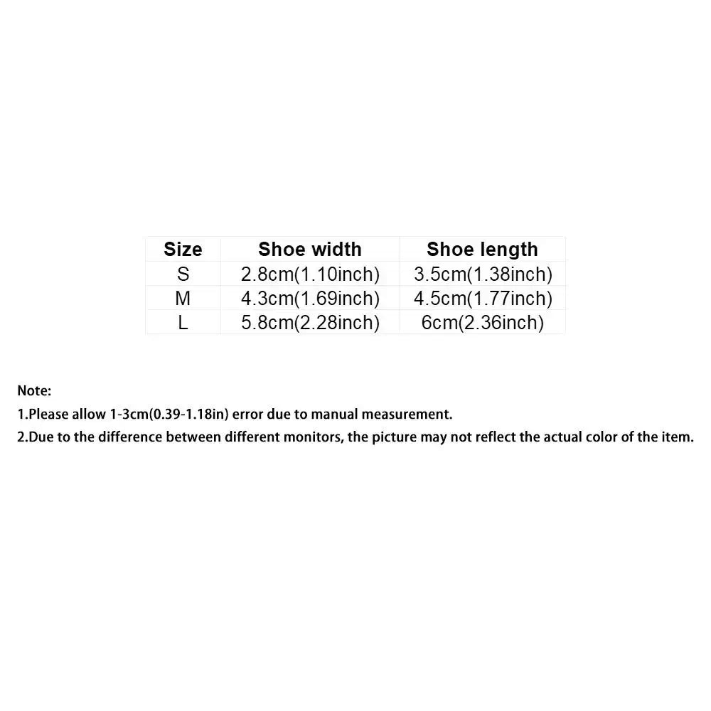 waterproof dog boots size chart showing S, M, L shoe width and length measurements for dog shoes