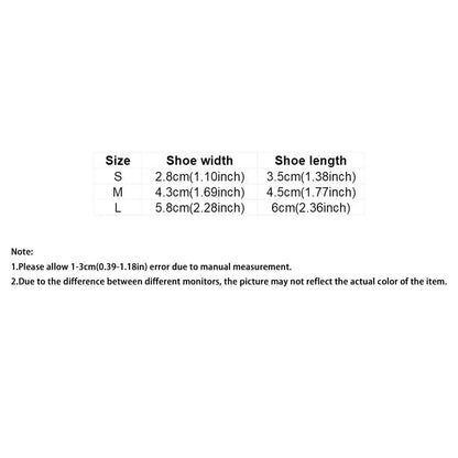 waterproof dog boots size chart showing S, M, L shoe width and length measurements for dog shoes