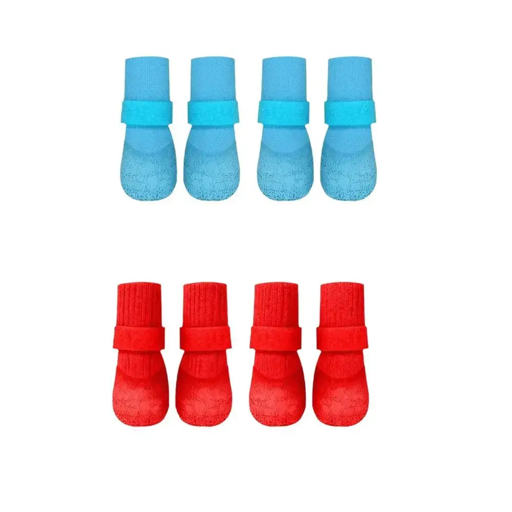 4pcs set waterproof dog boots, non-slip pet shoes for winter, wear-resistant breathable boots in blue and red