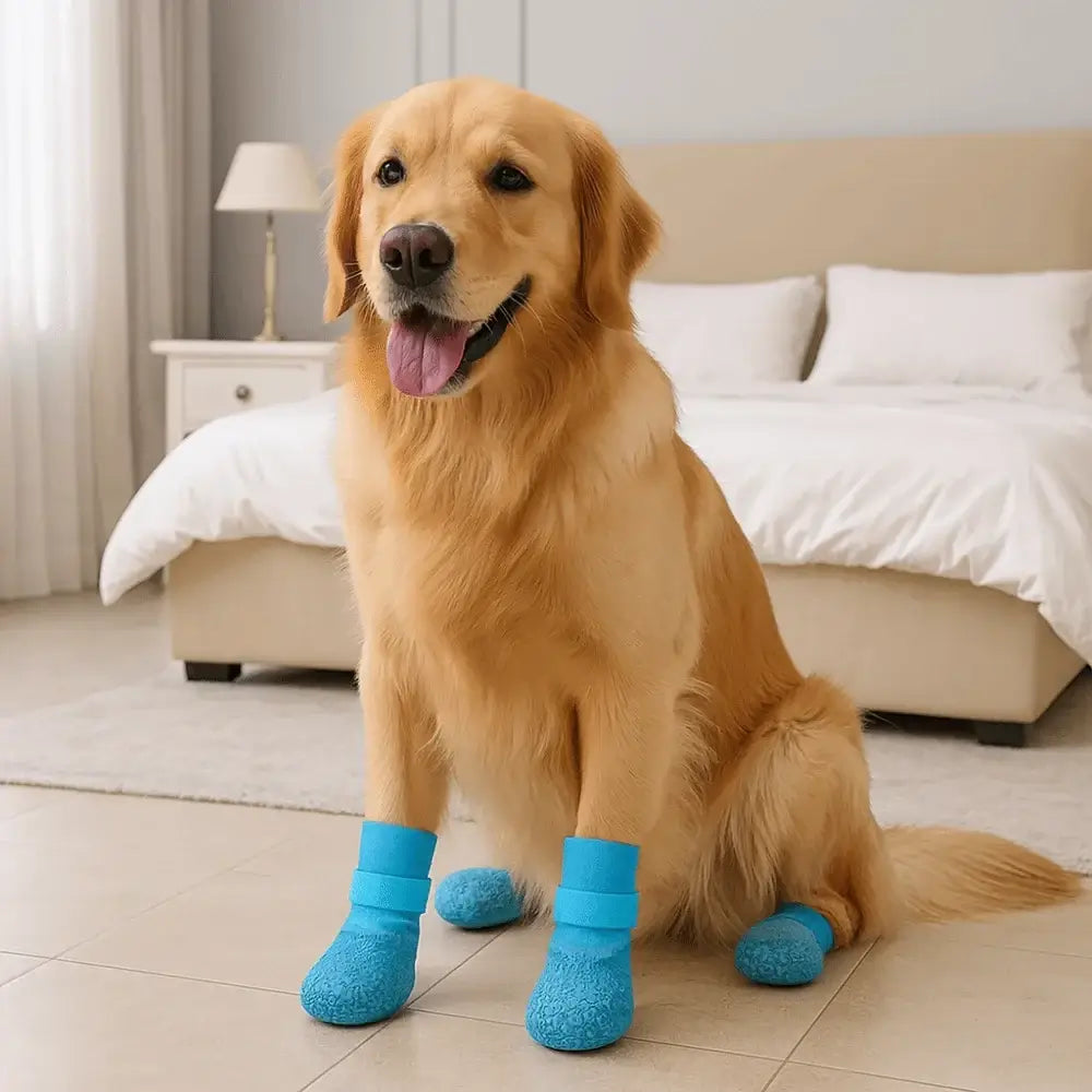 Golden retriever wearing waterproof dog boots indoors, showing comfortable non-slip pet shoes for winter protection.