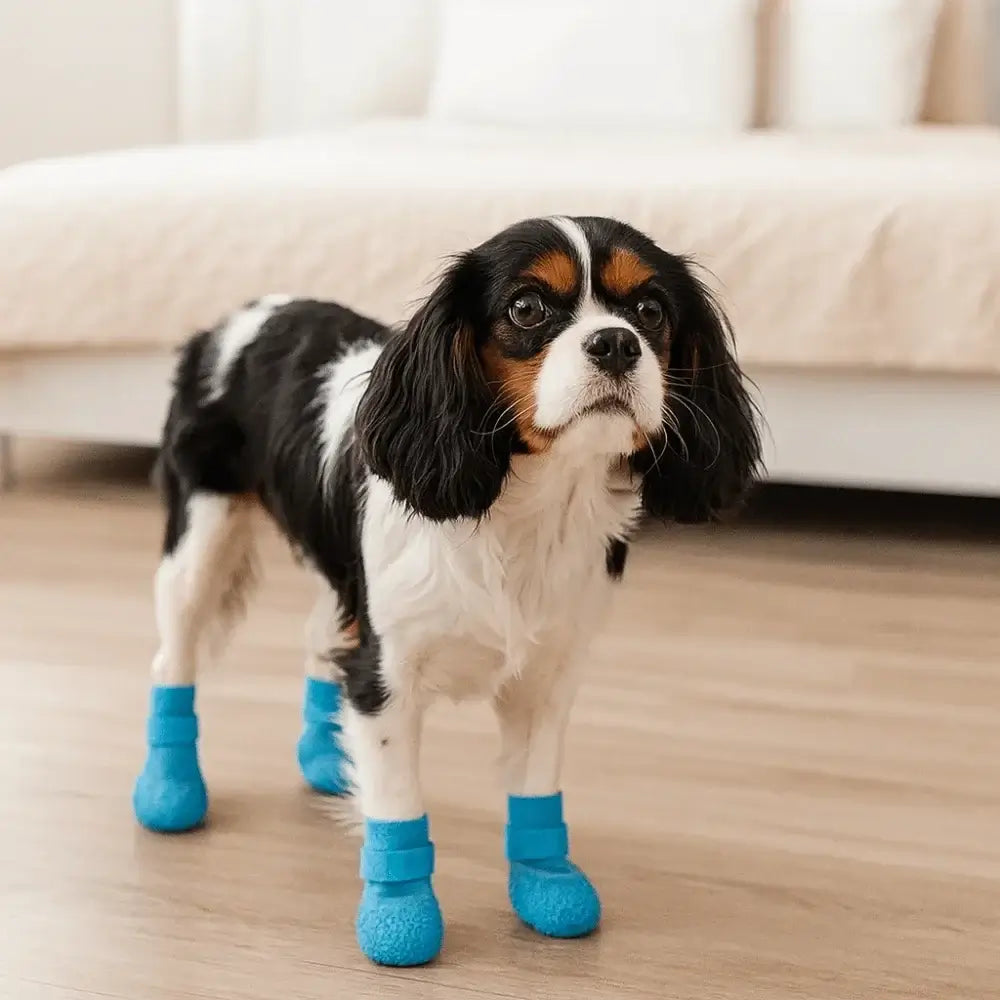 Cavalier King Charles Spaniel wearing waterproof dog boots for indoor floor protection, blue non-slip pet shoes