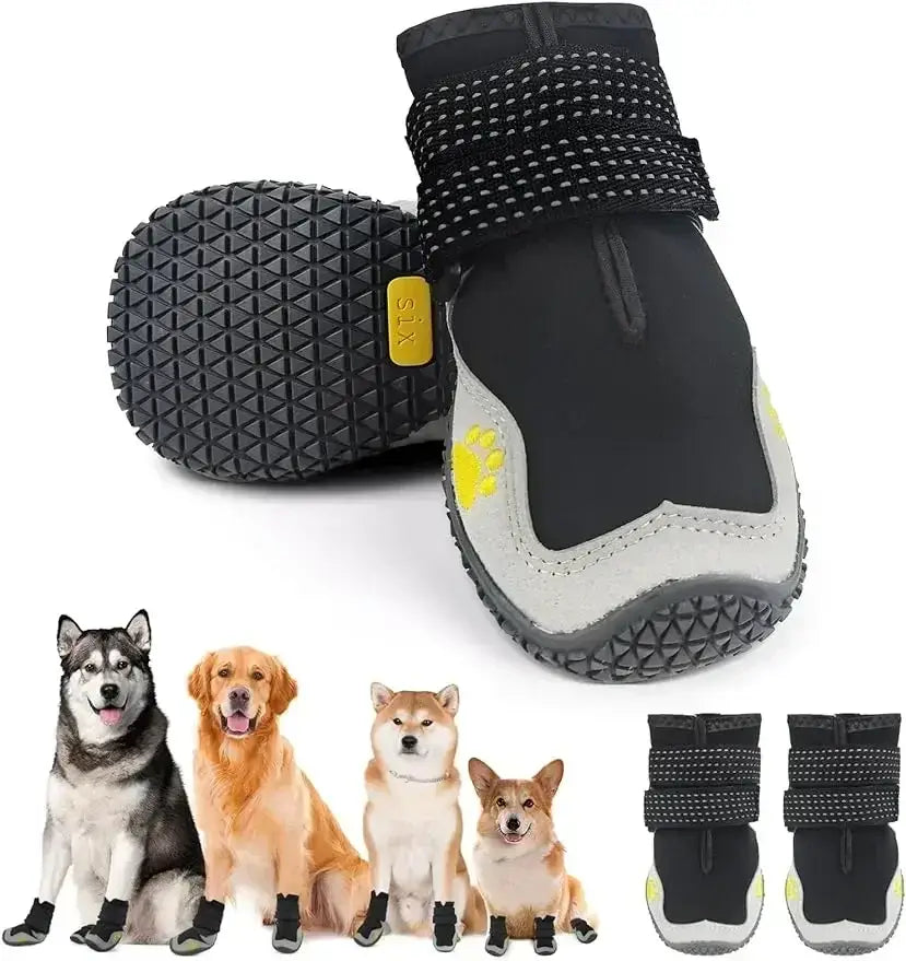 Waterproof outdoor dog boots for medium and large dogs, featuring non-slip soles and adjustable straps for secure fit.