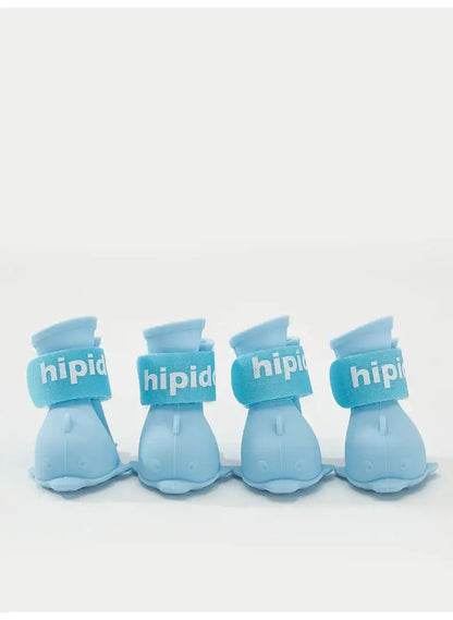 4Pcs waterproof dog boots in blue rubber material, perfect for protecting small to large dogs&