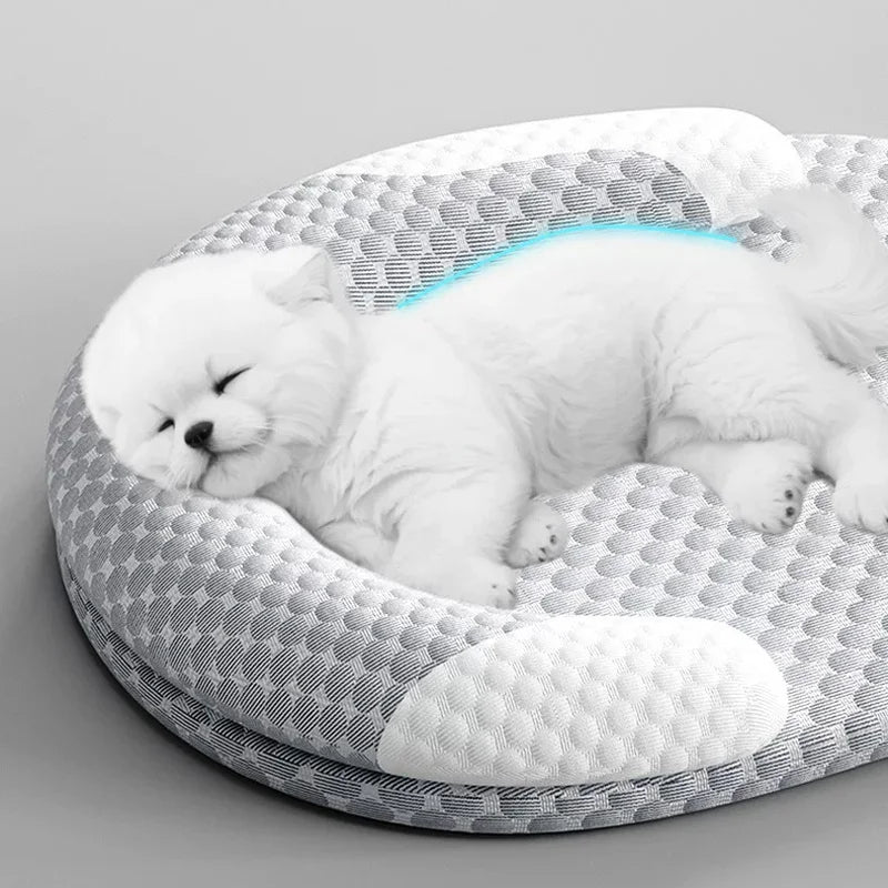 cooling cat bed with breathable round cushion and neck support for hot weather, water-washable summer pet mat