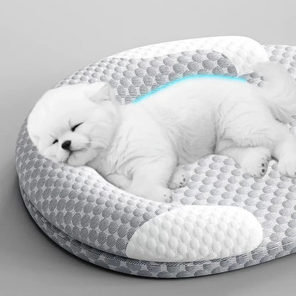 cooling cat bed with breathable round cushion and neck support for hot weather, water-washable summer pet mat