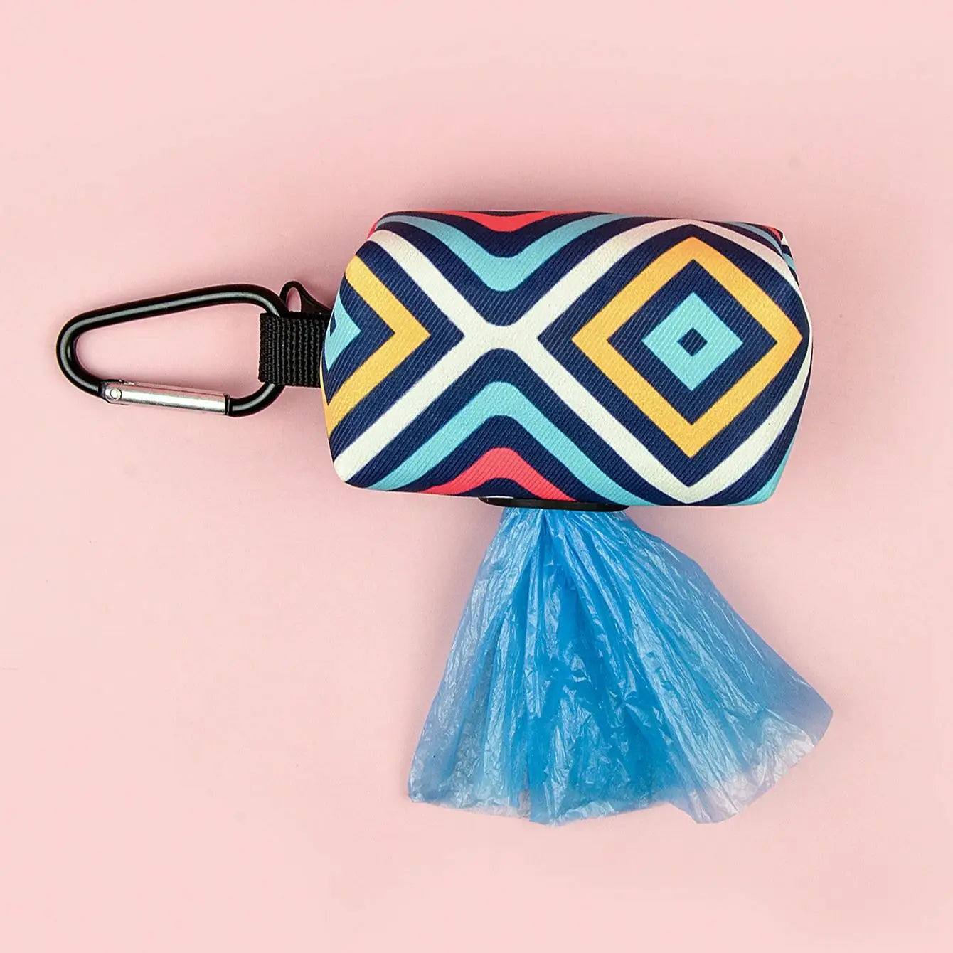 cute dog poop bag holder dispenser with clip-on strap and geometric pattern for convenient dog walking