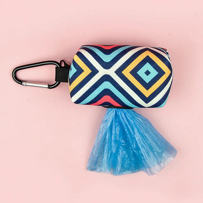 cute dog poop bag holder dispenser with clip-on strap and geometric pattern for convenient dog walking