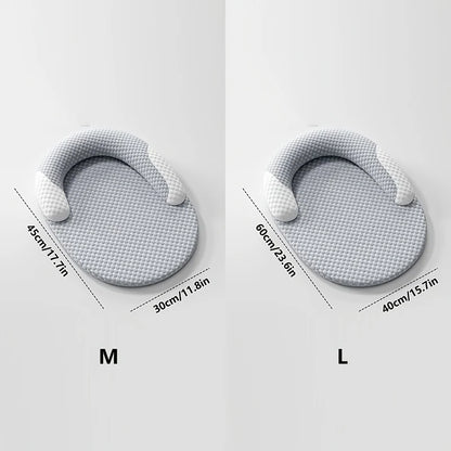 Grey cooling cat bed with breathable round design, water-washable pet cooling mat and neck support for hot weather, sizes M and L