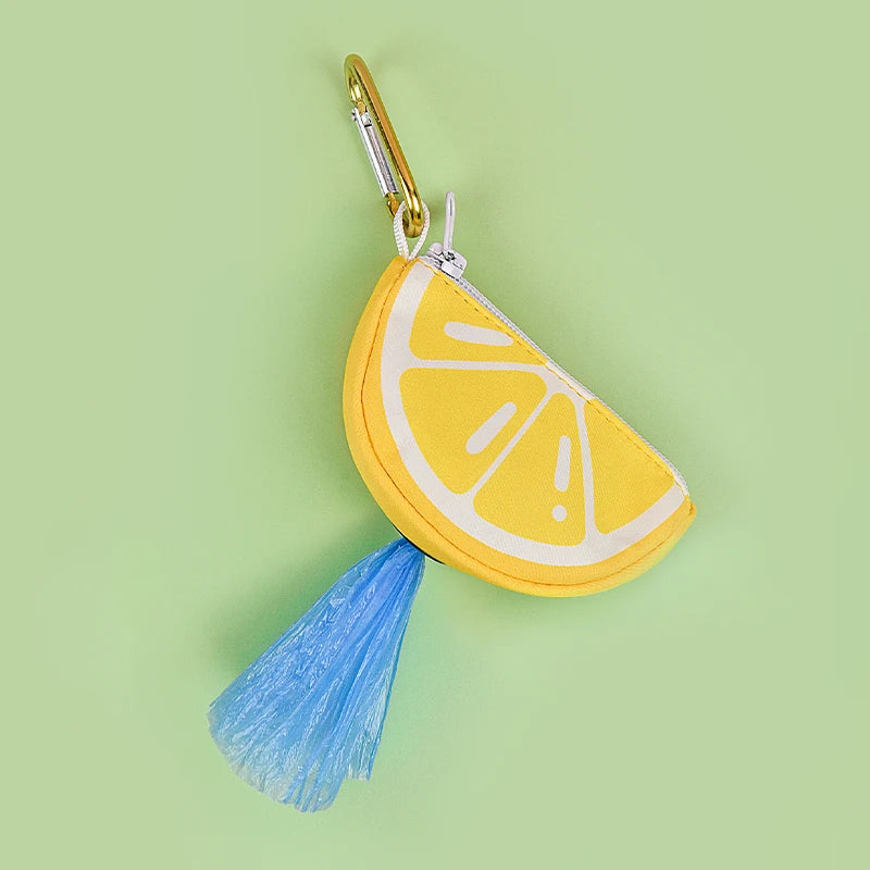dog poop bag holder dispenser cute lemon slice zipper pouch with carabiner for leash attachment