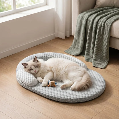 cooling cat bed with breathable round cushion and neck support for hot weather, water-washable pet mat