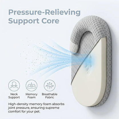 Cooling cat bed with pressure-relieving support core, breathable memory foam, and neck support for hot weather comfort