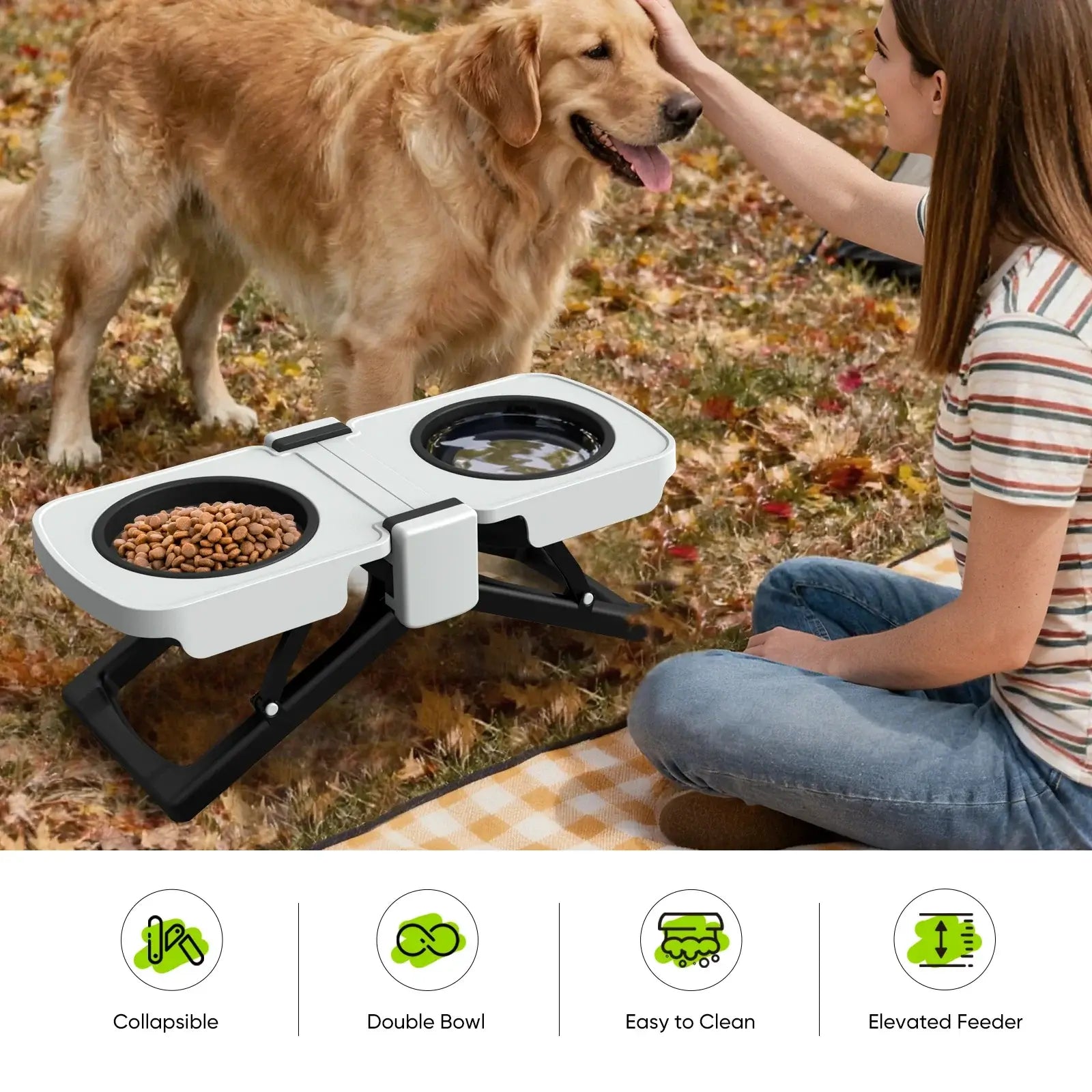 Portable elevated dog bowls with collapsible double bowl feeder for food and water, ideal for travel and outdoor mealtime.