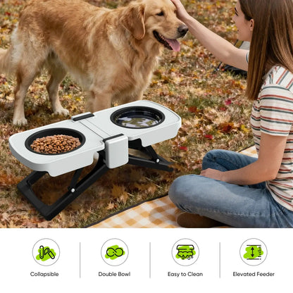 Portable elevated dog bowls with collapsible double bowl feeder for food and water, ideal for travel and outdoor mealtime.