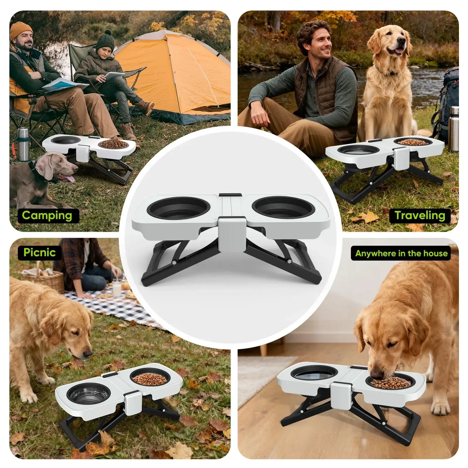 portable elevated dog bowls for camping, travel, picnic, and home feeding with collapsible silicone double diner bowl