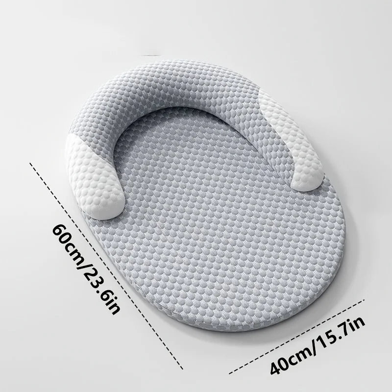 Cooling cat bed with breathable round design, neck support, and water-washable surface for hot weather comfort.