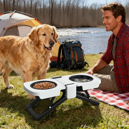 Grey portable elevated dog bowls with collapsible silicone double diner, 5 cups capacity, for food and water on camping trips