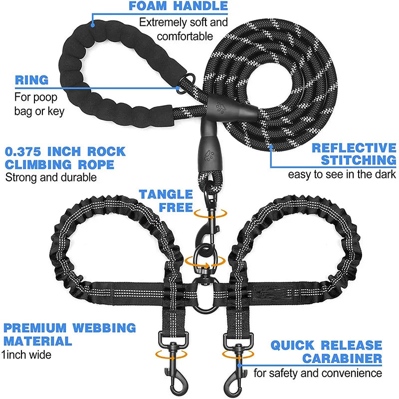 double dog leash coupler for walking two dogs, reflective nylon rope with foam handle, tangle-free and durable