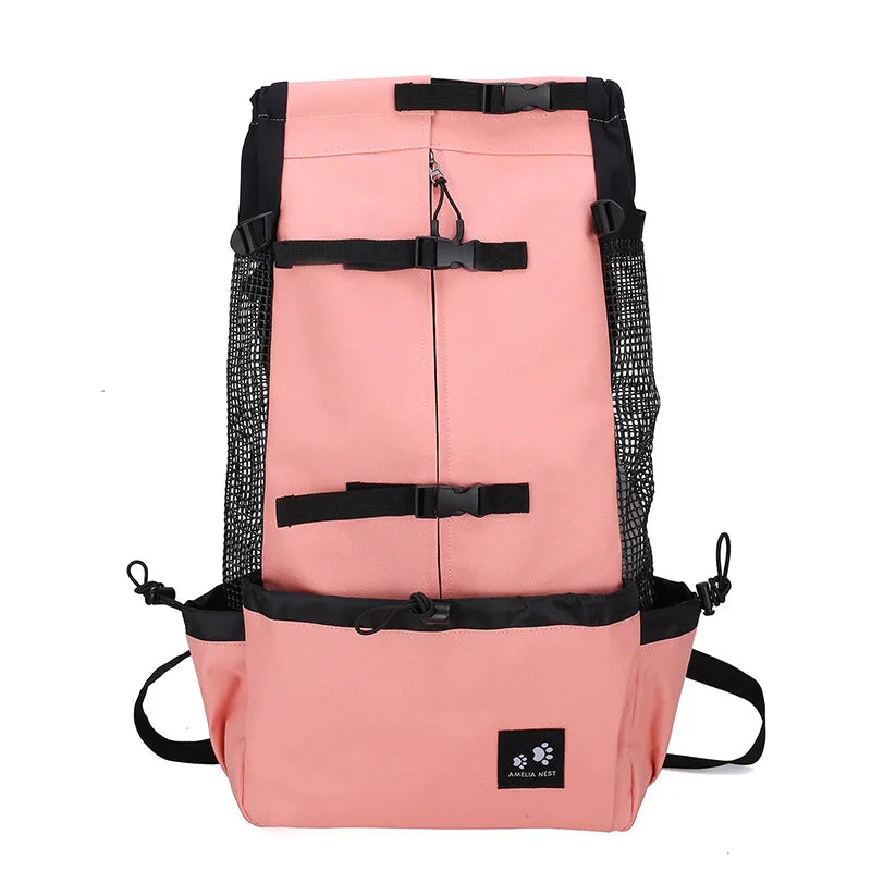 Pink breathable dog backpack carrier with adjustable straps, zipper closure, and side mesh pockets for small dogs