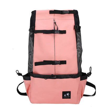 Pink breathable dog backpack carrier with adjustable straps, zipper closure, and side mesh pockets for small dogs