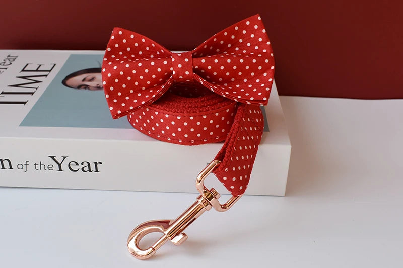 adjustable red bowtie dog collar, red polka dot pet collar with bow and gold metal buckle for small dogs and cats