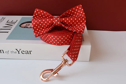 adjustable red bowtie dog collar, red polka dot pet collar with bow and gold metal buckle for small dogs and cats