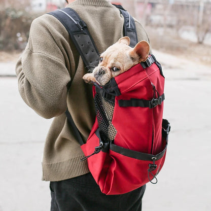 breathable dog backpack carrier for small dogs, red outdoor pet backpack with French bulldog