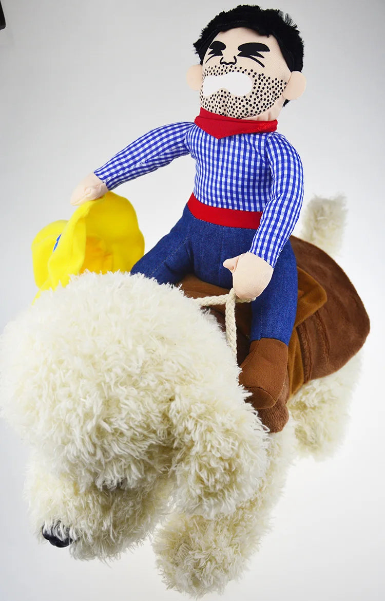 Plush cowboy doll riding on a fluffy white dog costume with a brown saddle accessory.
