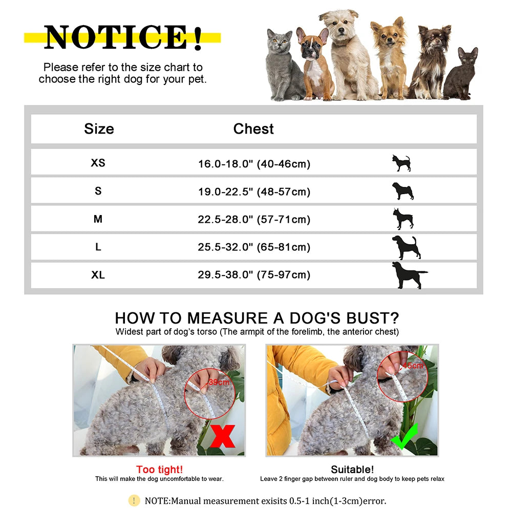 Personalized no pull dog harness size chart with chest measurements for medium and large dogs, plus fitting guide