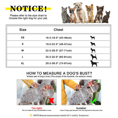 Personalized no pull dog harness size chart with chest measurements for medium and large dogs, plus fitting guide
