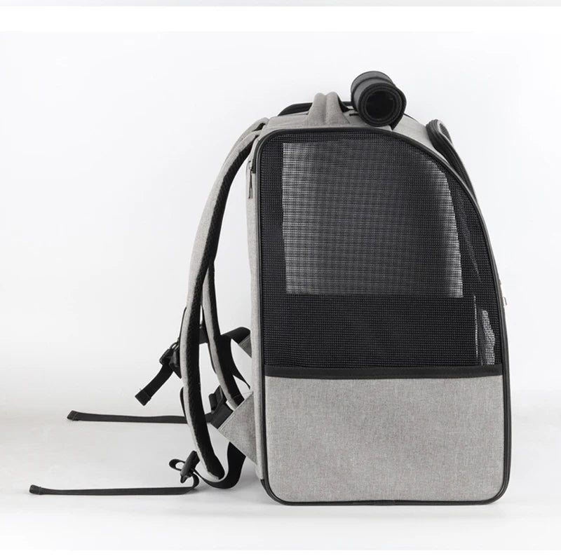 Breathable cat carrier backpack for small pets, foldable gray outdoor travel backpack with mesh window and zipper