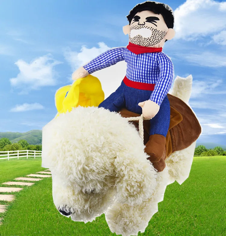 Plush dog toy with a cowboy doll rider, designed for pet play, outdoors on green grass.