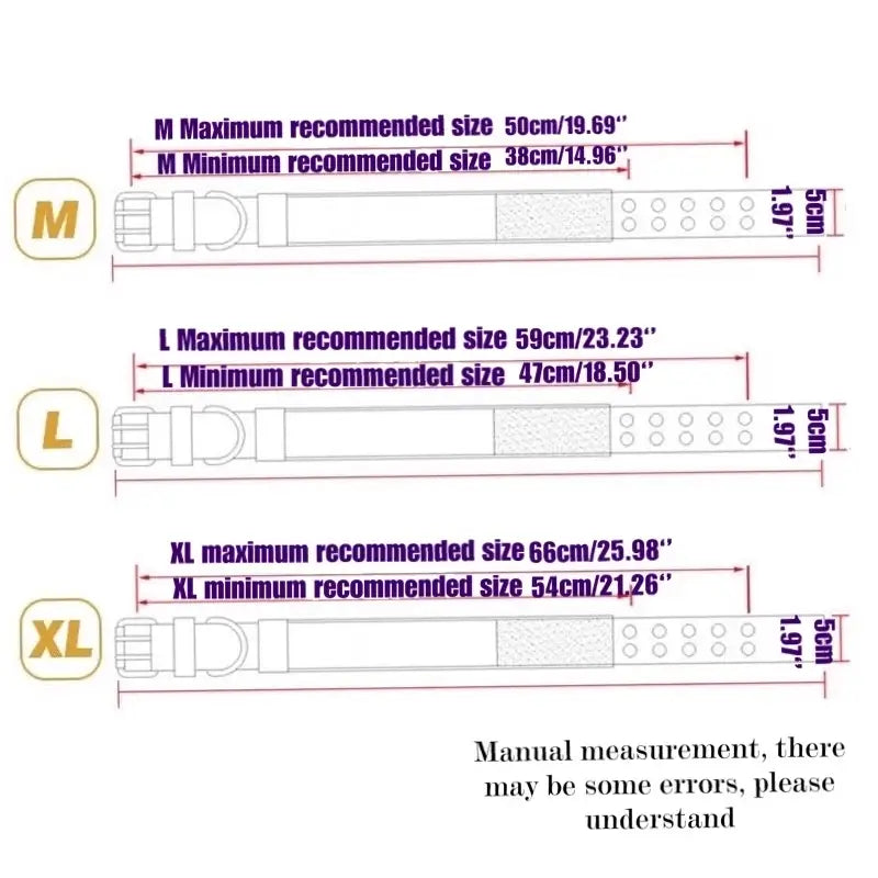 large dog harness size chart for M, L, and XL adjustable nylon dog collar and leash fit guide