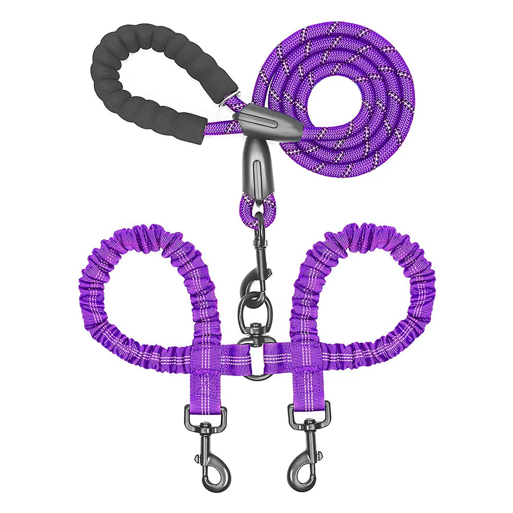 double dog leash coupler purple nylon double leash for walking two dogs with poop bag attachment