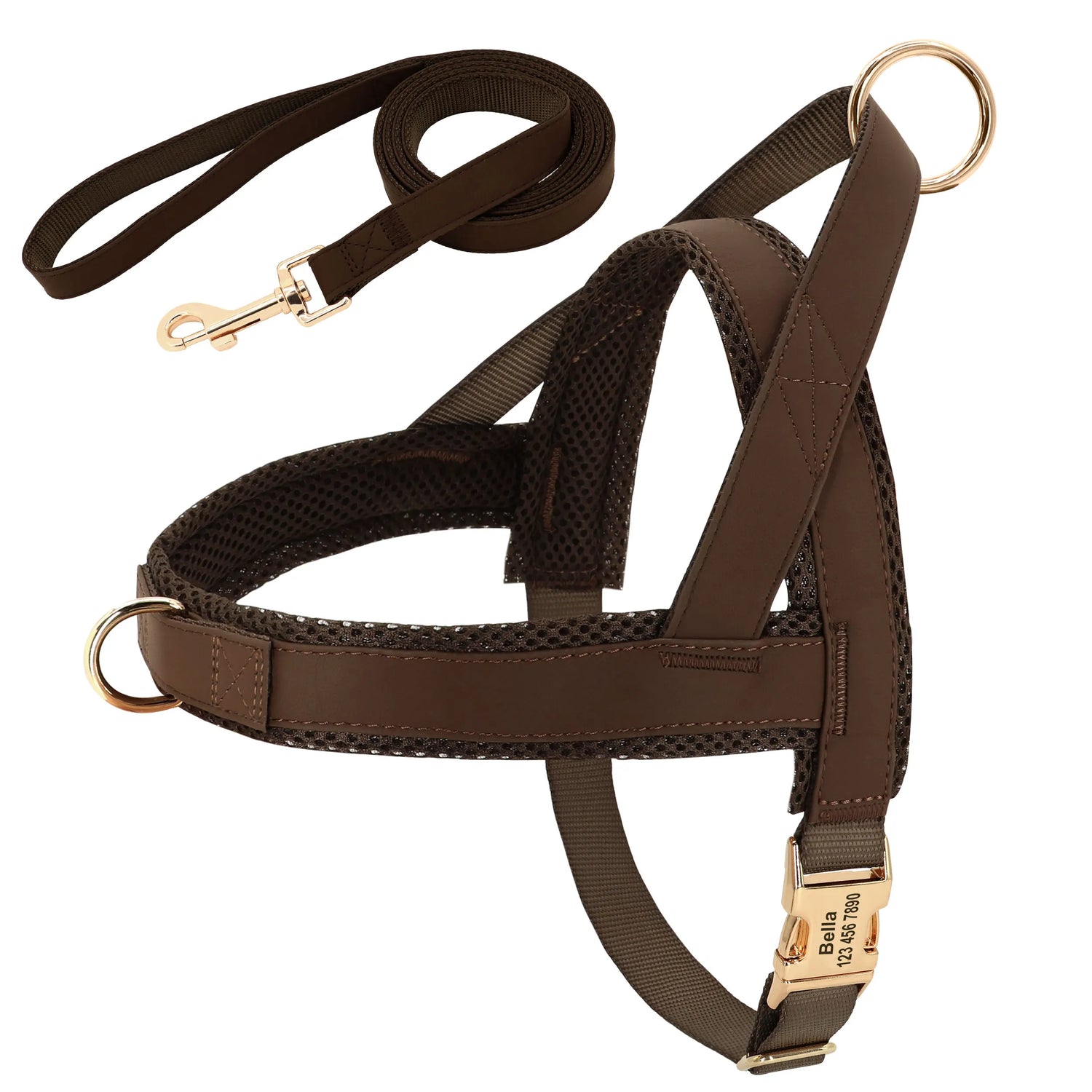 personalized no pull dog harness leash set brown leather adjustable pet vest with free engraving for small medium large dogs