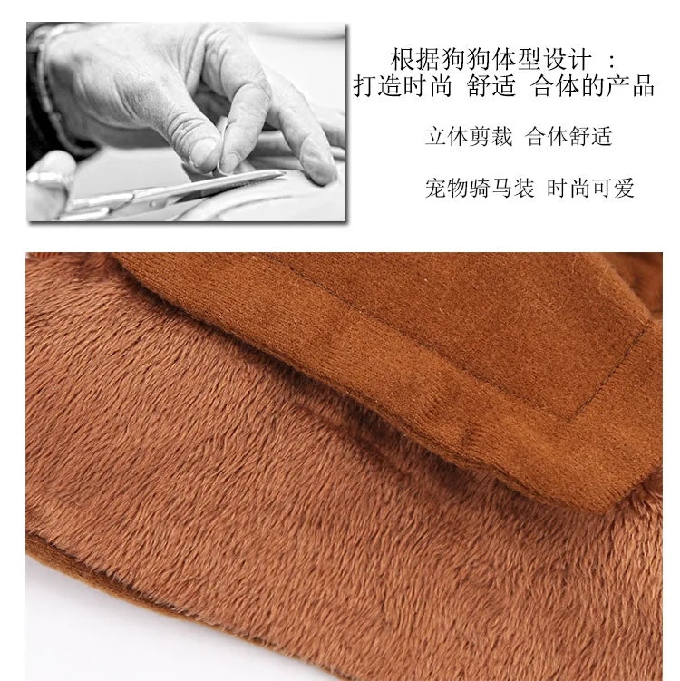 Close-up of brown plush dog clothing fabric with detailed stitching and tailoring tools