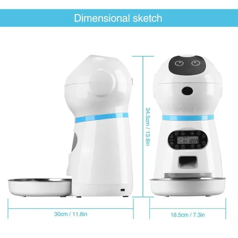 automatic pet feeder with app 3.5L stainless steel bowl, voice timing, LCD screen, dimensions sketch