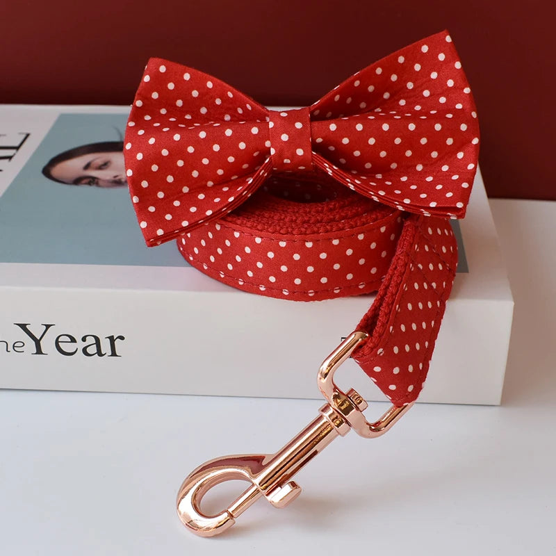 adjustable red bowtie dog collar with white polka dots, quick release metal buckle, for small dogs and cats