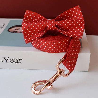 adjustable red bowtie dog collar with white polka dots, quick release metal buckle, for small dogs and cats