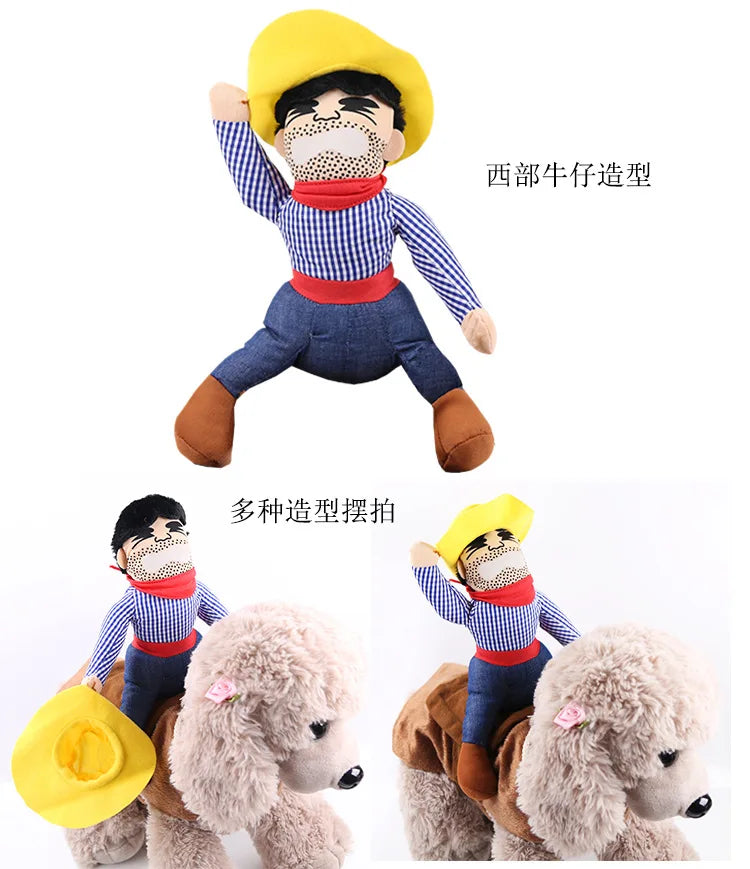 Cowboy dog costume plush doll riding on a fluffy dog, fun pet accessory for dogs