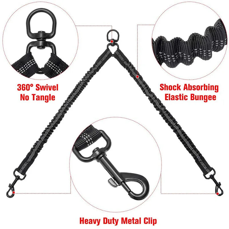 double dog leash coupler nylon bungee leash for 2 dogs, 360 swivel, shock absorbing, heavy duty metal clip