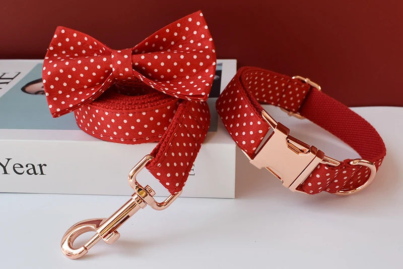 adjustable red bowtie dog collar with polka dot cotton webbing, quick release buckle for small dogs and cats