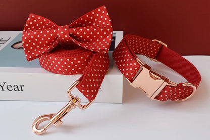adjustable red bowtie dog collar with polka dot cotton webbing, quick release buckle for small dogs and cats