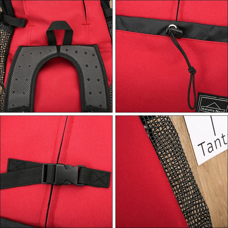 Red breathable dog backpack carrier with mesh panels, zipper closure, and adjustable straps for small dogs