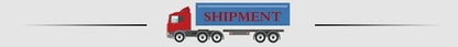 Shipment truck icon banner with red delivery lorry and blue cargo trailer
