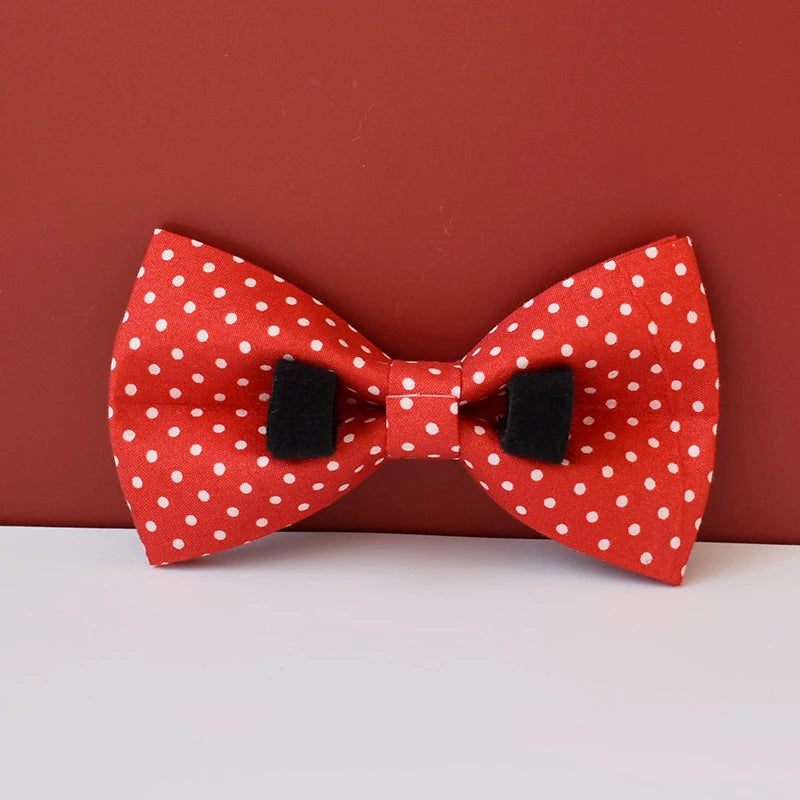 adjustable red bowtie dog collar with white polka dots, quick release buckle, stylish pet accessory for small dogs and cats