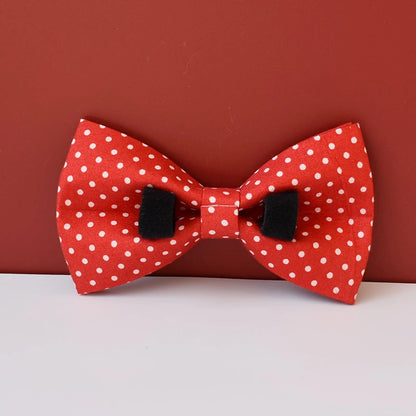 adjustable red bowtie dog collar with white polka dots, quick release buckle, stylish pet accessory for small dogs and cats