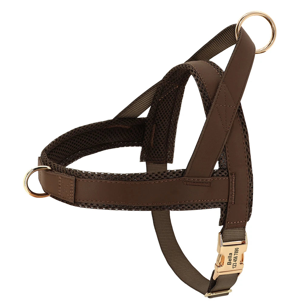 personalized no pull dog harness brown adjustable leather pet walking training vest for medium large dogs with free engraving