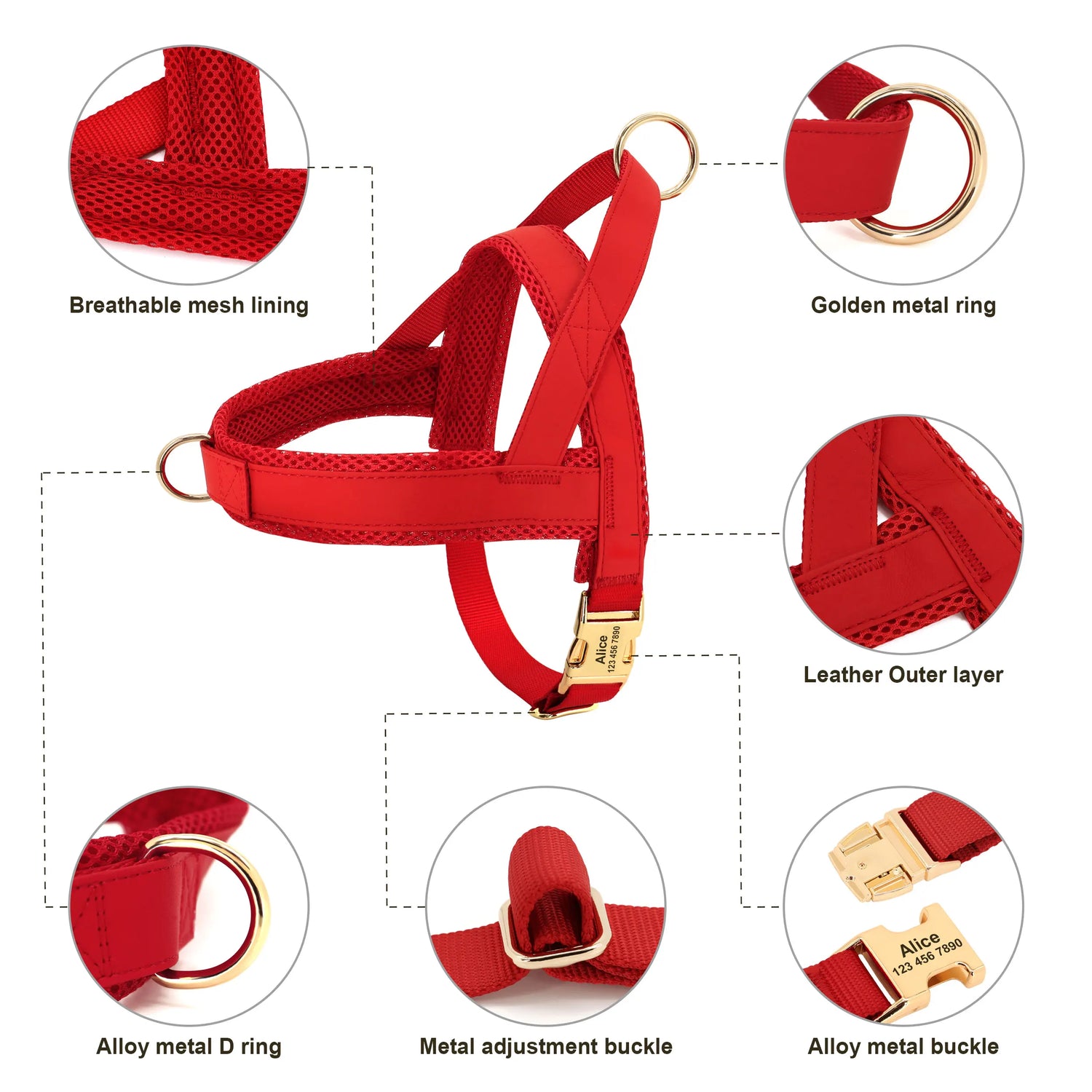 personalized no pull dog harness leash set red adjustable leather vest with breathable mesh and metal buckles for dogs
